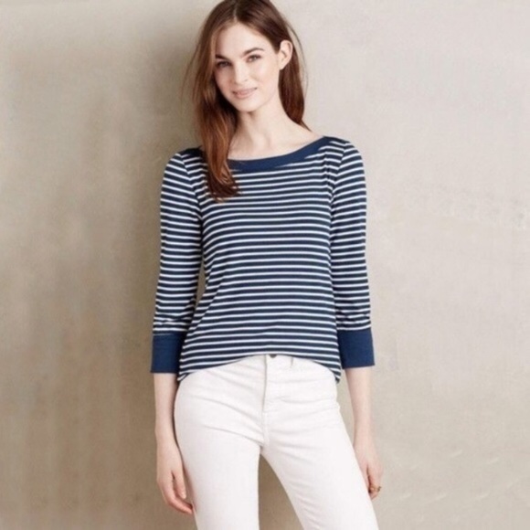 ANTHROPOLOGIE AKEMI + KIN Top, S Striped Navy White Walking Tour Top Classy Soft - Picture 2 of 7